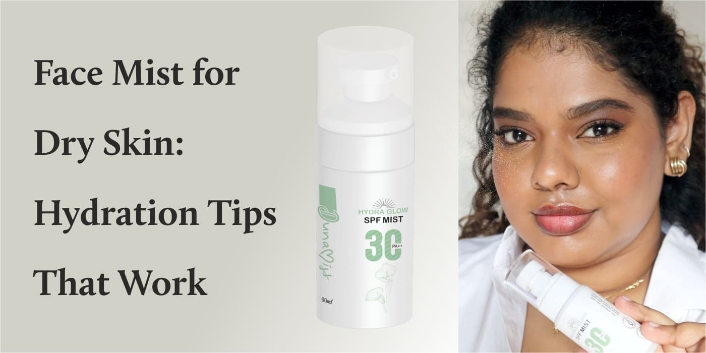 Woman holding Hydra Glow SPF Face Mist for dry skin care, providing hydration tips and protection for glowing skin