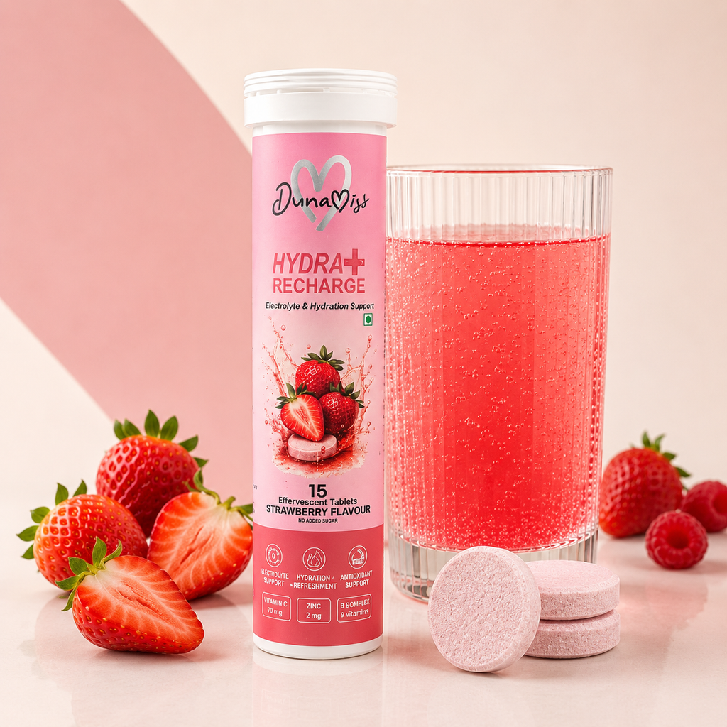 Dunamiss Hydra+ Recharge Effervescent Tablets | Electrolyte & Hydration Support | Taurine, L-Glutamine, Vitamin C & B-Complex | Strawberry Flavor | 15 Tablets