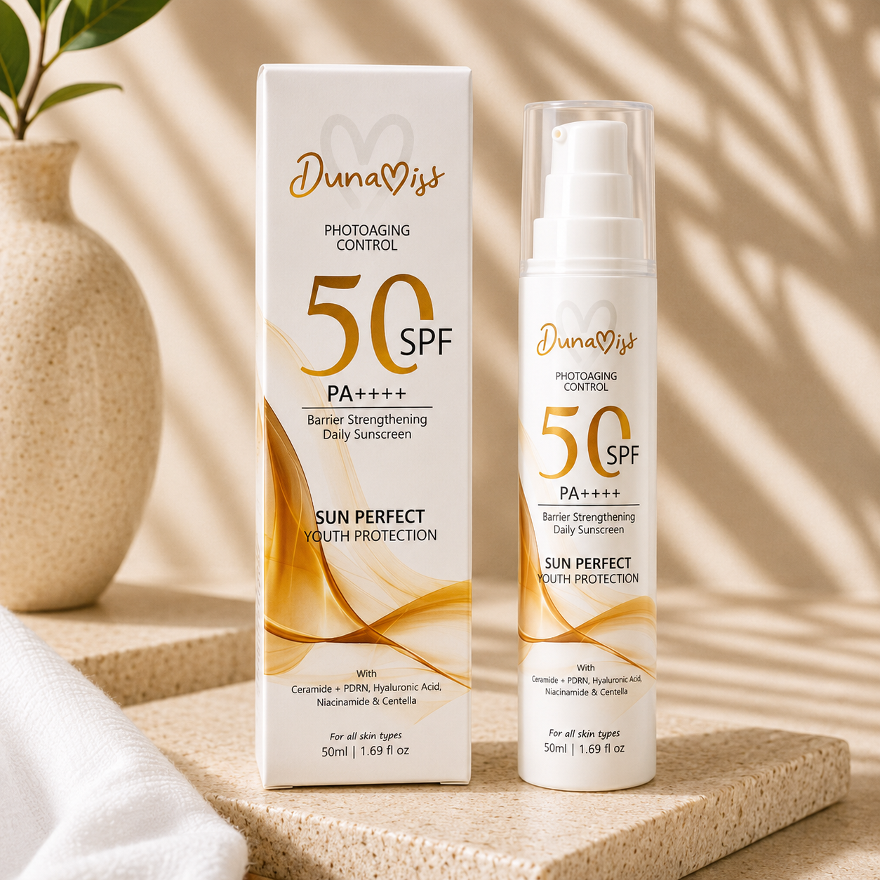 Dunamiss SPF 50 PA++++ Barrier Strengthening Daily Sunscreen | Ceramides, PDRN, Hyaluronic Acid, Niacinamide & Centella | Lightweight Broad Spectrum UV Protection | 50ml