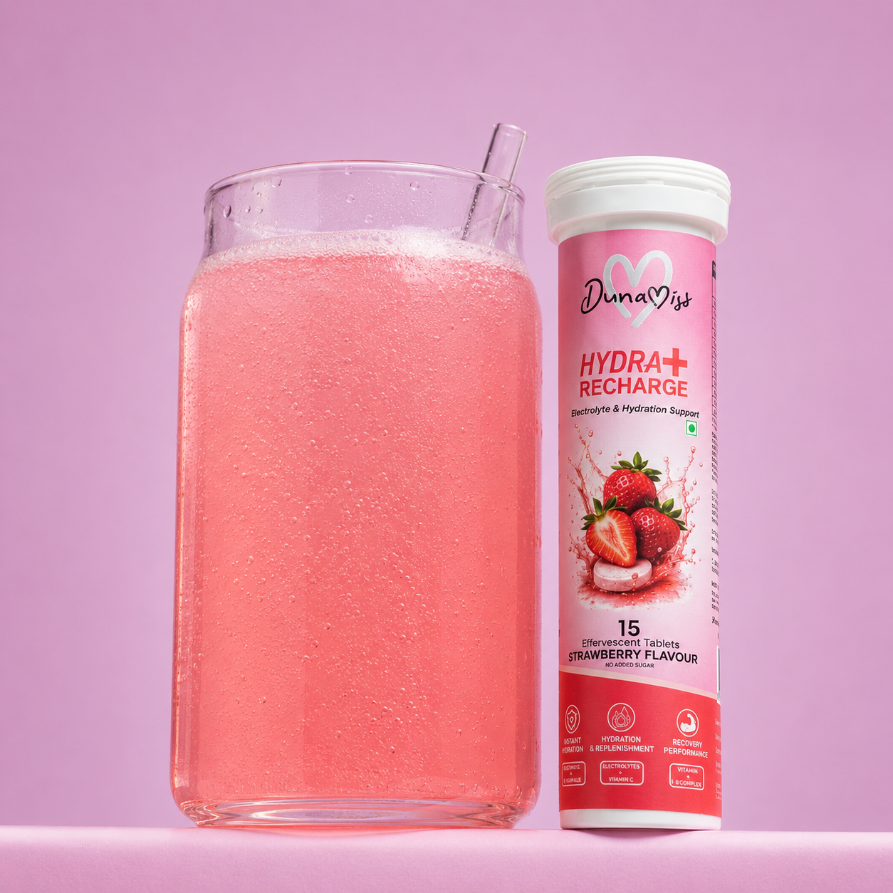 Dunamiss Hydra+ Recharge Effervescent Tablets | Electrolyte & Hydration Support | Taurine, L-Glutamine, Vitamin C & B-Complex | Strawberry Flavor | 15 Tablets
