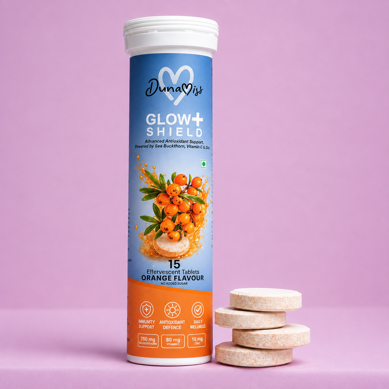 Dunamiss Glow+ Shield Effervescent Tablets | Skin Glow, Antioxidant & Immune Support | Sea Buckthorn Extract, Vitamin C | Orange Flavor | 15 Effervescent Tablets