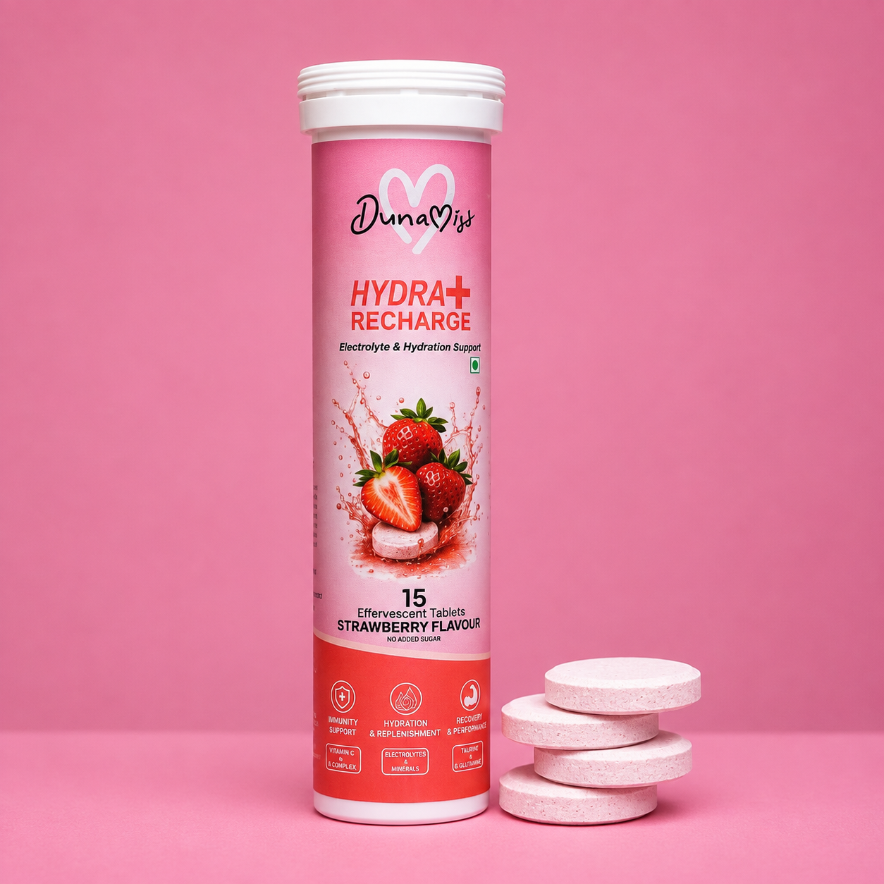 Dunamiss Hydra+ Recharge Effervescent Tablets | Electrolyte & Hydration Support | Taurine, L-Glutamine, Vitamin C & B-Complex | Strawberry Flavor | 15 Tablets