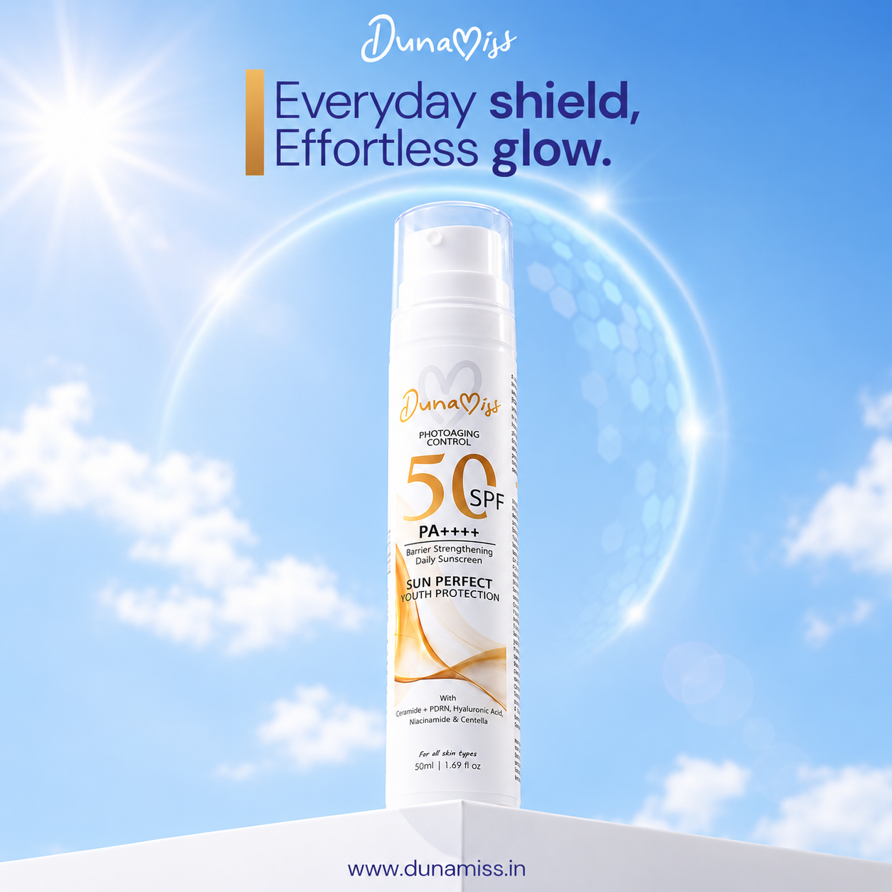 Dunamiss SPF 50 PA++++ Barrier Strengthening Daily Sunscreen | Ceramides, PDRN, Hyaluronic Acid, Niacinamide & Centella | Lightweight Broad Spectrum UV Protection | 50ml