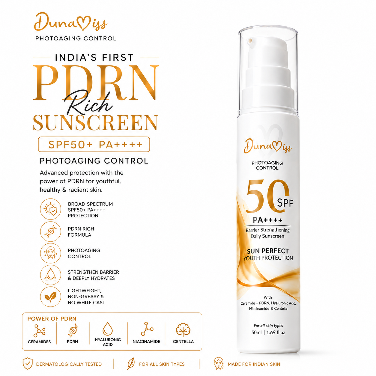 Dunamiss SPF 50 PA++++ Barrier Strengthening Daily Sunscreen | Ceramides, PDRN, Hyaluronic Acid, Niacinamide & Centella | Lightweight Broad Spectrum UV Protection | 50ml