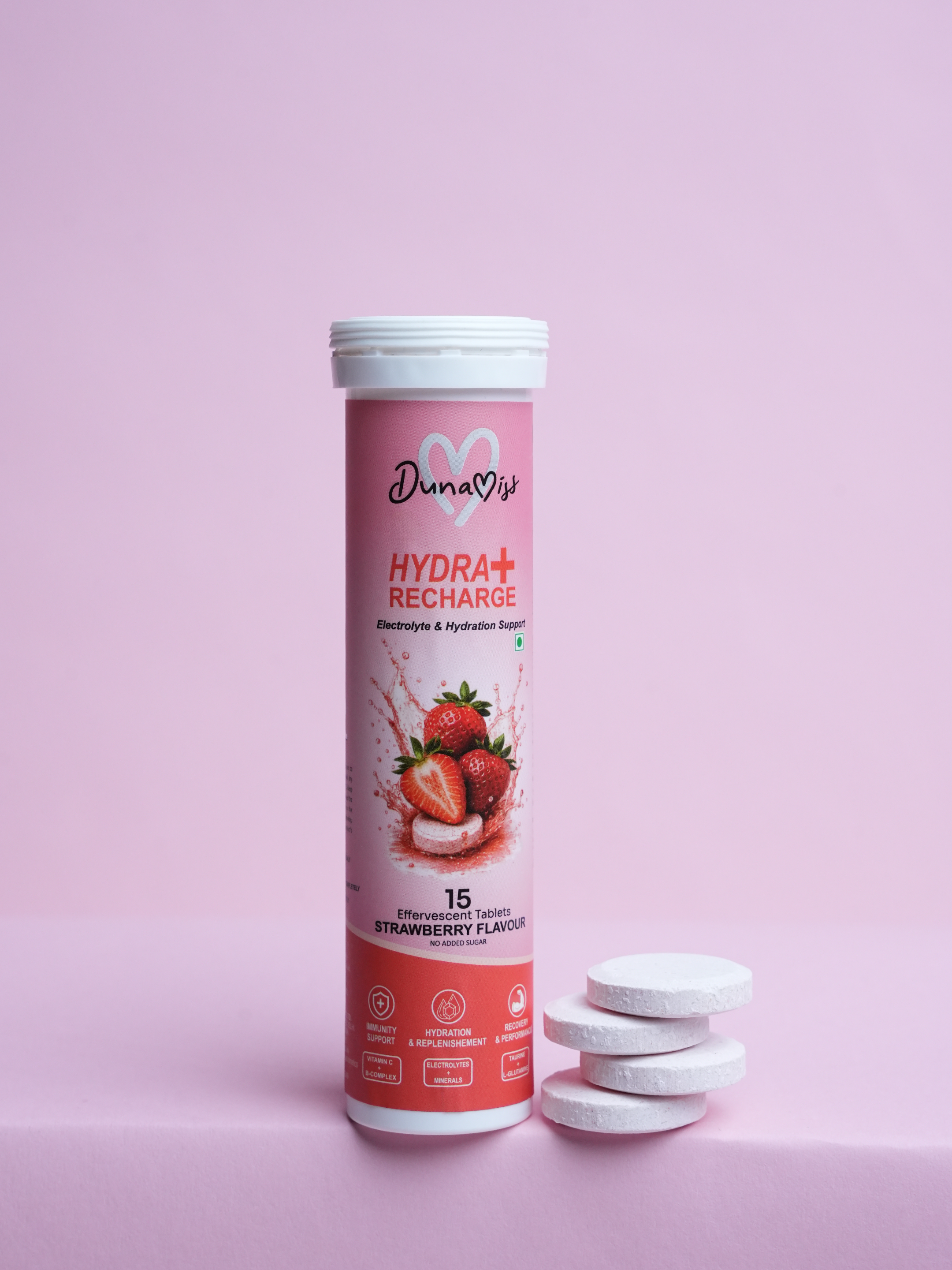 Dunamiss Hydra+ Recharge Effervescent Tablets | Electrolyte & Hydration Support | Taurine, L-Glutamine, Vitamin C & B-Complex | Strawberry Flavor | 15 Tablets