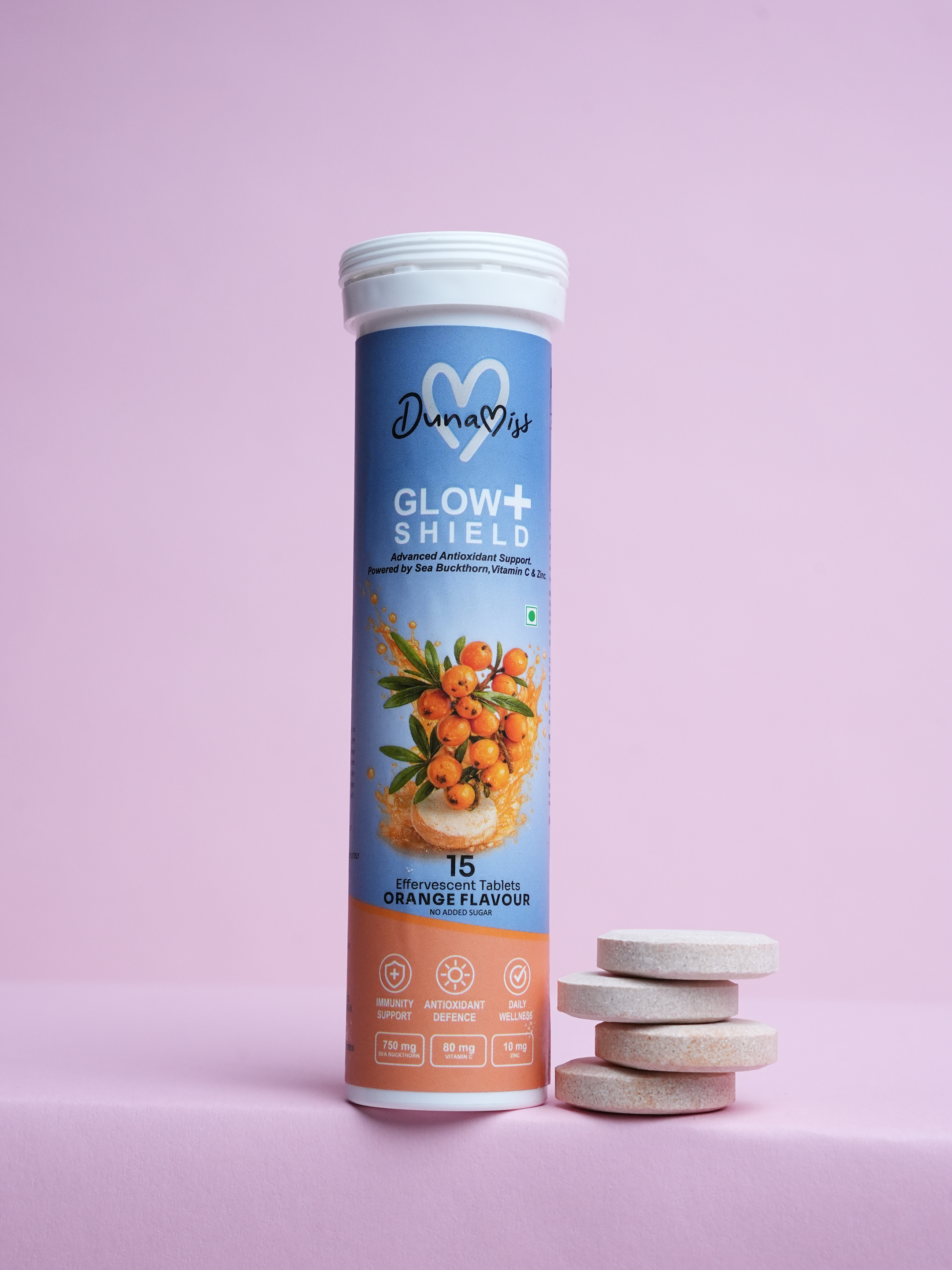 Dunamiss Glow+ Shield Effervescent Tablets | Skin Glow, Antioxidant & Immune Support | Sea Buckthorn Extract, Vitamin C | Orange Flavor | 15 Effervescent Tablets