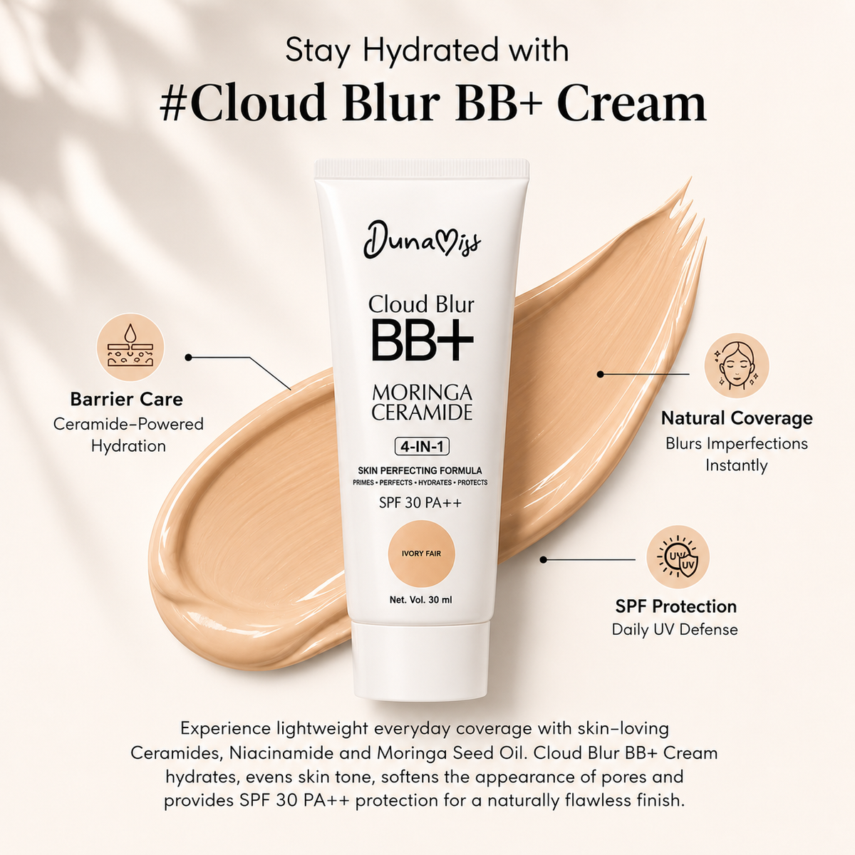 Dunamiss Cloud Blur BB+ Moringa ceramide 4-in-1, SPF 30 PA ++ - Ivory Fair