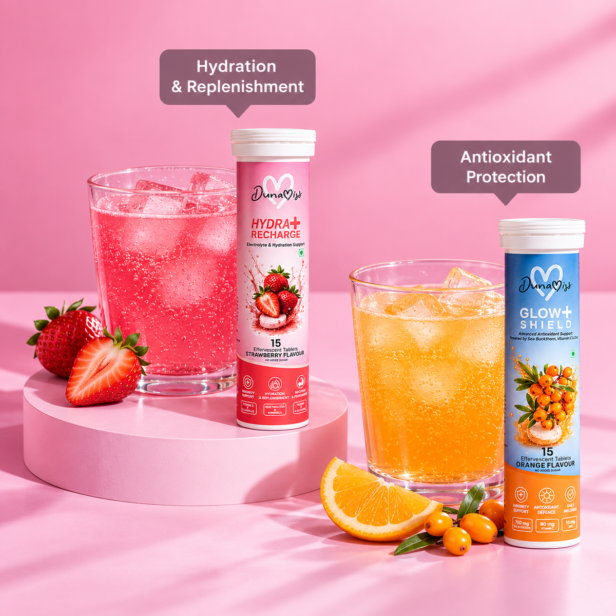 DUNAMISS Drinks Glow Duo | Glow+ Shield & Hydra+ Recharge Effervescent Tablets Combo | Beauty & Hydration