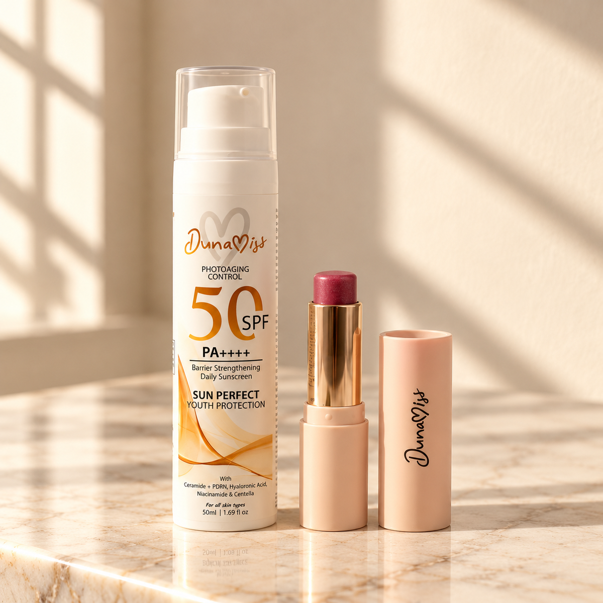 DUNAMISS Sun-Kissed Glow Duo – Sunscreen + Gimme Red Tinted Lip Balm