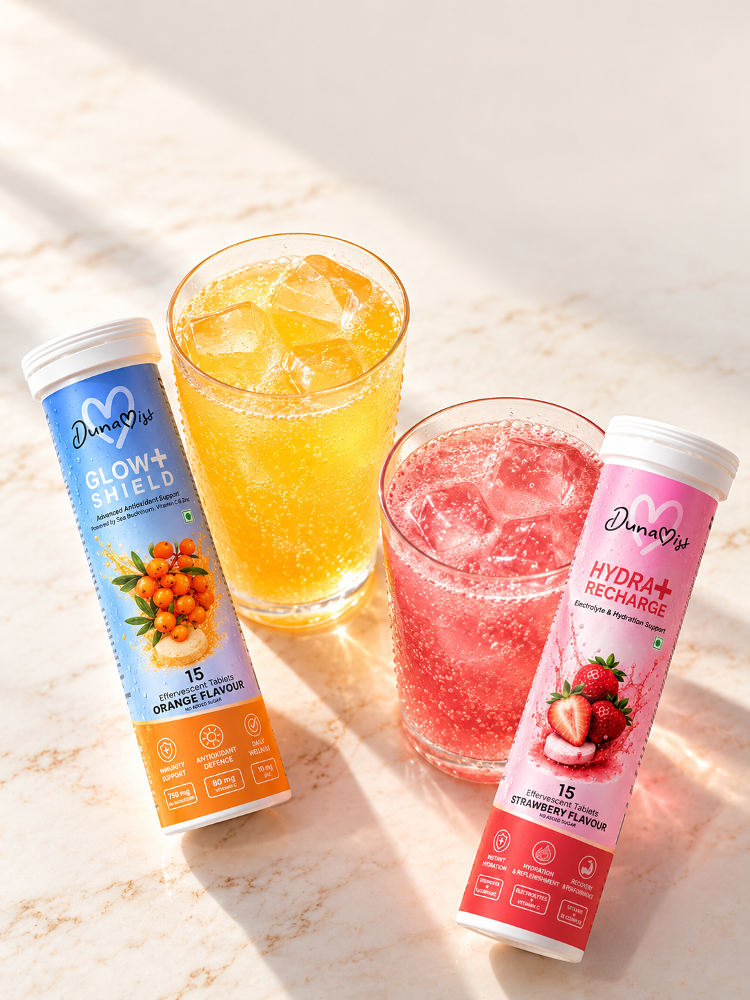 DUNAMISS Drinks Glow Duo | Glow+ Shield & Hydra+ Recharge Effervescent Tablets Combo | Beauty & Hydration