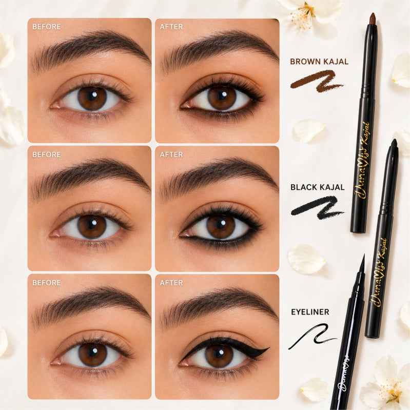 Eyeliner + black Kajal + brown kajal