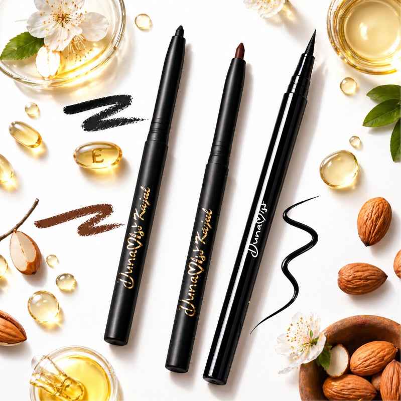 Eyeliner + black Kajal + brown kajal