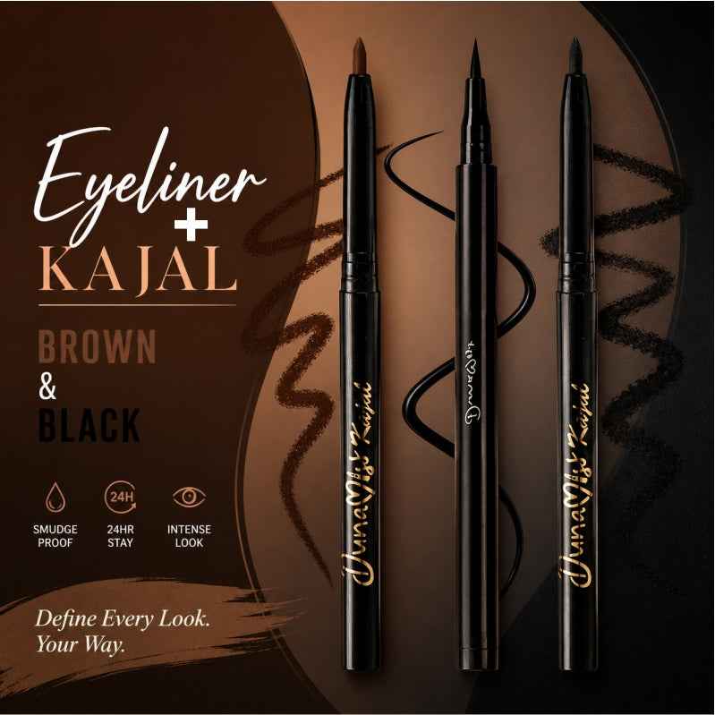 Eyeliner + black Kajal + brown kajal