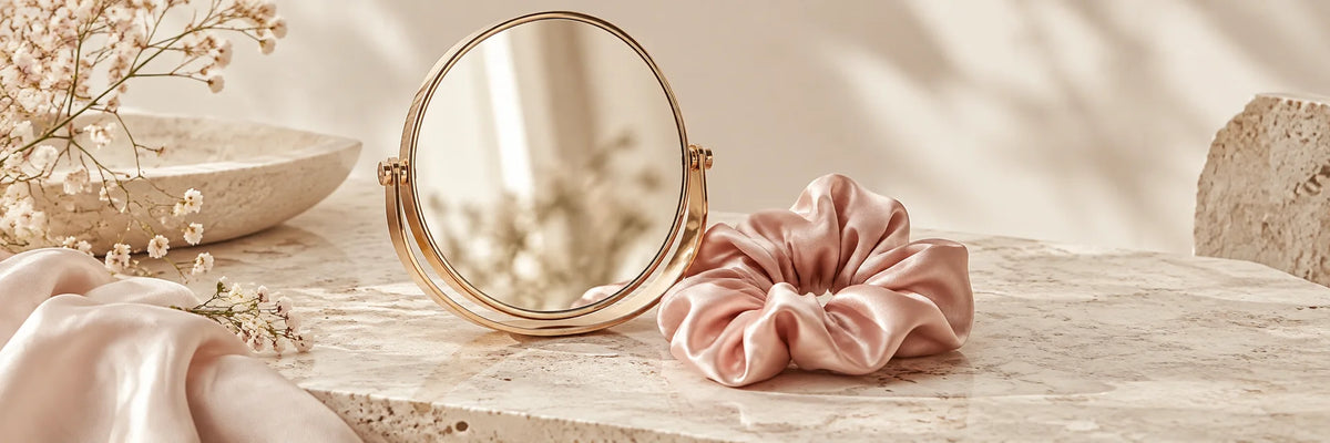 A simple unbranded circular cosmetic mirror and a blush satin scrunchie on ivory stone, elegant minimal beauty accessory still life.