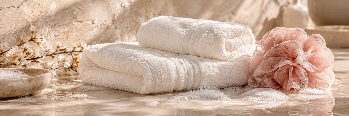 Soft white cotton towels, a blush mesh bath pouf and realistic clear water and gentle foam on ivory stone, peaceful refined spa still life, no bottles.