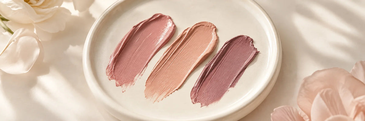 Three approachable soft rose, peach nude and muted mauve satin pigment swatches on ivory ceramic, minimal fresh composition.
