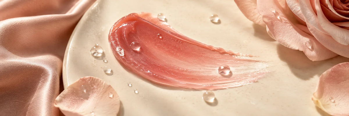 A luminous sheer rose balm texture with small glassy dew drops on warm ivory ceramic and soft blush silk