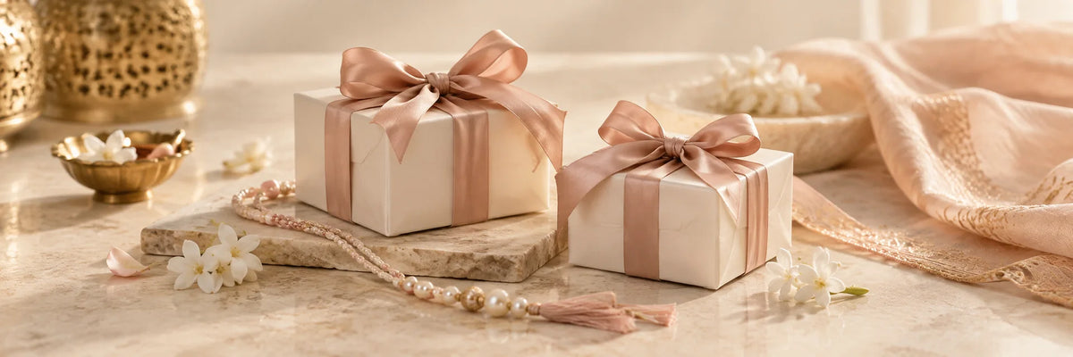Two small ivory gift boxes with blush satin ribbons and a delicate decorative braided thread beside them on ivory stone, understated Indian festive gifting still life, no printed text.