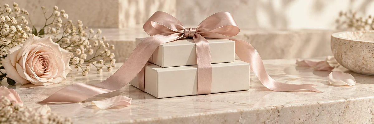 Two small ivory boxes tied together with soft blush satin ribbon on ivory stone, refined coordinated gift arrangement, no printed packaging or visible contents.