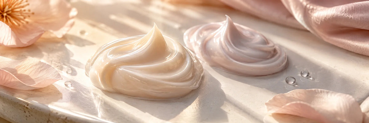 Two sculptural ivory cream swirls on warm white ceramic, one in gentle sunlight and one in a soft cool shadow, dewy texture and subtle blush silk, no jars.