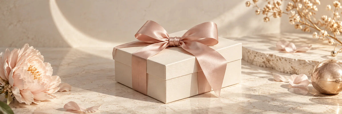 An ivory gift box with a soft blush satin bow, one delicate crescent-shaped decorative shadow across ivory stone, understated refined festive light, no text.