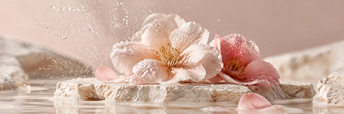 Crystal-clear fine mist droplets suspended in soft daylight above ivory stone with a subtle pale blush background, realistic fresh water texture, no bottle.