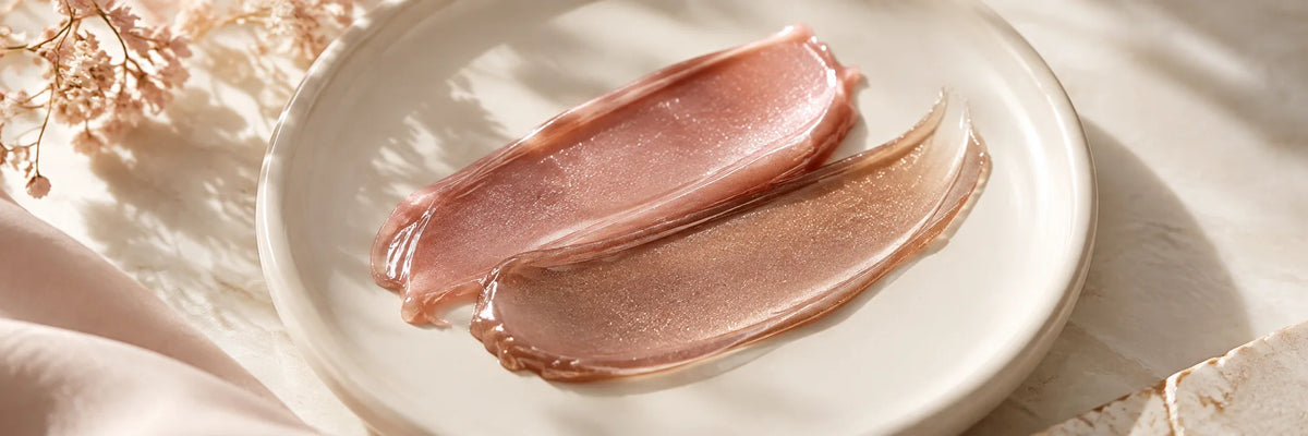 A sheer soft rose and warm hazel balm texture with delicate fine shimmer, sophisticated subtle sparkle on an ivory ceramic dish.