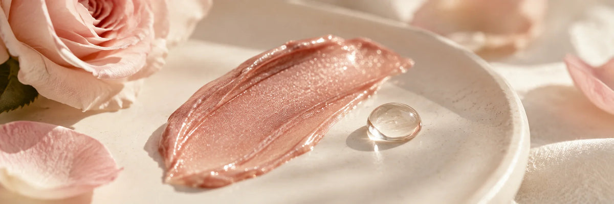 Luminous sheer rose pigment with subtle fine shimmer and a clear dew drop on ivory ceramic, understated blush beauty still life, no prices or offers.