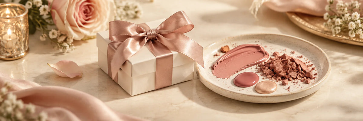 A small ivory gift box with a blush bow beside tasteful rich rose cosmetic textures on a ceramic dish, refined warm festive light, no price text.