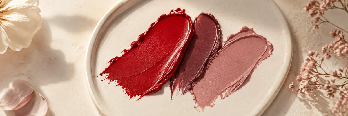 A bold crimson pigment stroke beside soft wine and muted rose swatches on ivory ceramic