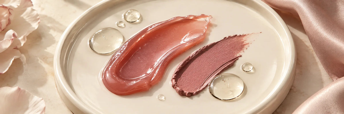 A glossy rose balm stroke, clear oil drops and a soft mauve satin pigment stroke together on an ivory tray, quiet premium lip-care editorial.