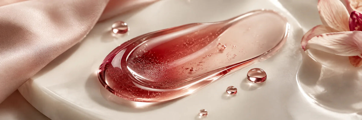Macro clear glossy lip-oil texture with a hint of berry pigment and delicate reflective droplets on ivory ceramic, blush silk.
