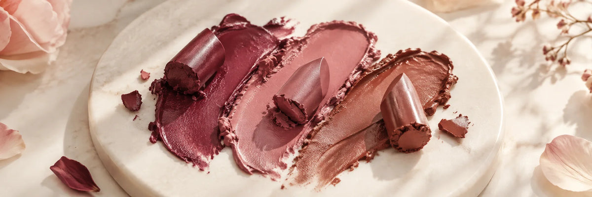 Rich berry, deep mauve and warm cocoa lipstick textures on ivory ceramic, elegant depth and soft blush highlights.