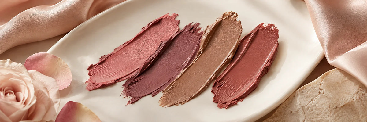 Balanced rose, mauve and neutral cocoa lipstick swatches arranged diagonally across ivory ceramic and blush silk.
