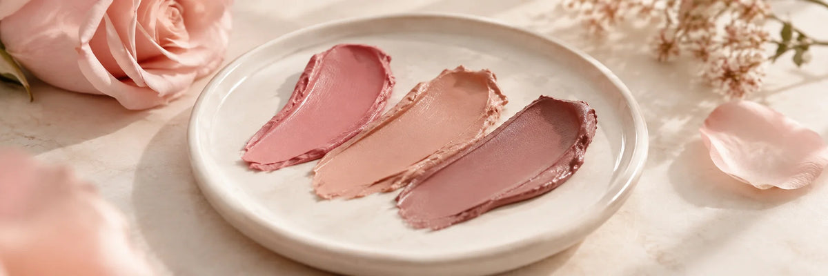 Soft pink rose, light peach nude and delicate dusty mauve lipstick textures on ivory ceramic, airy gentle daylight.