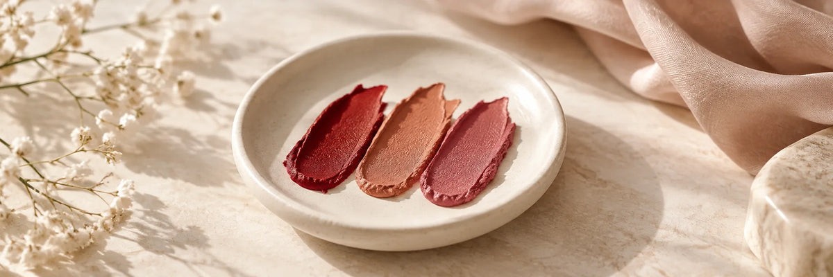 Three small beautifully defined velvety pigment swatches in deep red, warm nude and rose on a compact ivory ceramic dish