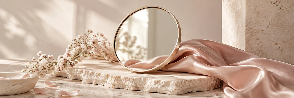 A simple unbranded circular cosmetic mirror with a brushed champagne metal edge resting on ivory stone and blush silk, soft reflected daylight, no people or text.