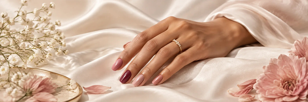 An elegant adult South Asian hand with five anatomically correct fingers, short rounded nails alternating dusty rose, berry and soft mauve manicure, ivory silk background.