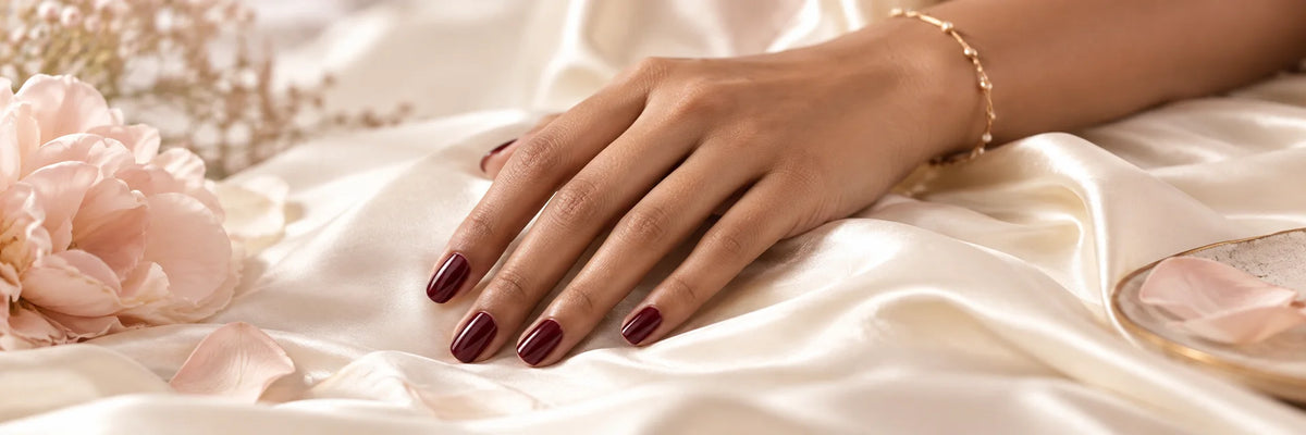 An elegant adult South Asian hand resting on ivory silk, five anatomically correct fingers, short rounded nails with a glossy rich burgundy manicure, soft blush daylight, no bottles.