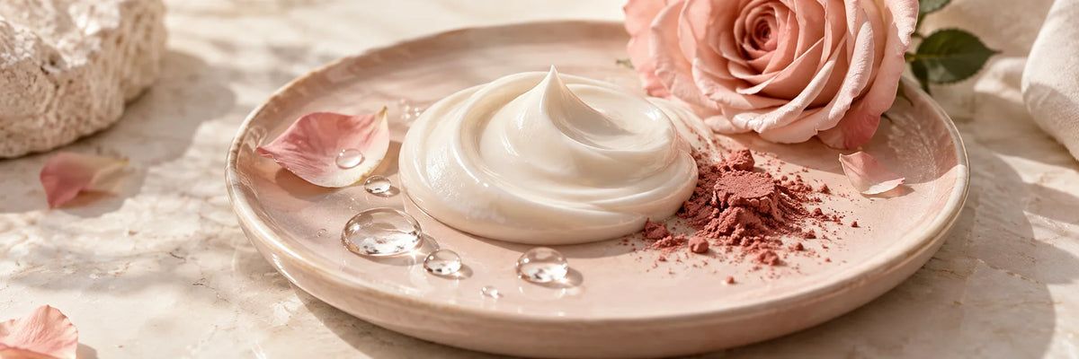Fresh beauty still life of an ivory skincare cream swirl and luminous water drops beside rose pigment on a pale blush ceramic tray, bright soft morning light.