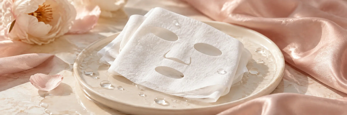 A fresh clean white sheet-mask fabric folded on ivory ceramic with clear water droplets and soft blush silk