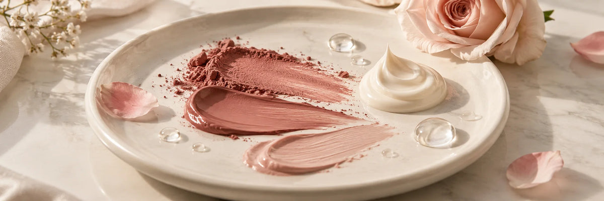 A tasteful beauty texture arrangement of rose pigment swatches, a small ivory cream swirl and crystal-clear dew drops on an ivory ceramic tray.