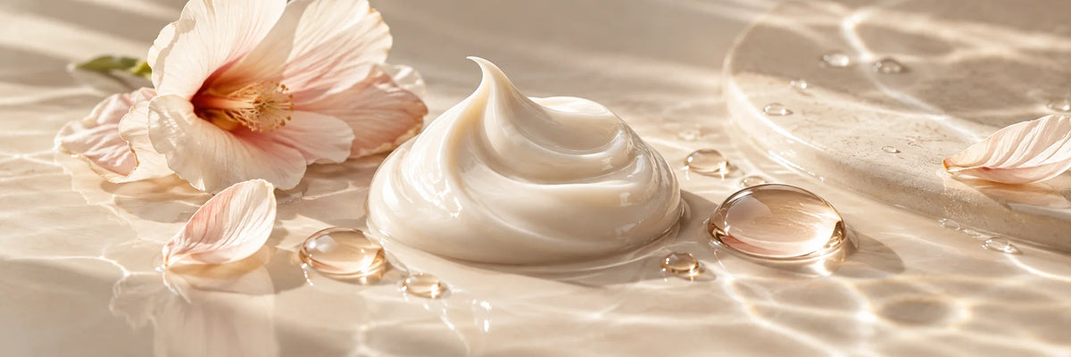 A sculptural ivory skincare cream swirl, translucent serum drops and soft water reflections on warm ivory ceramic, peaceful beauty still life.