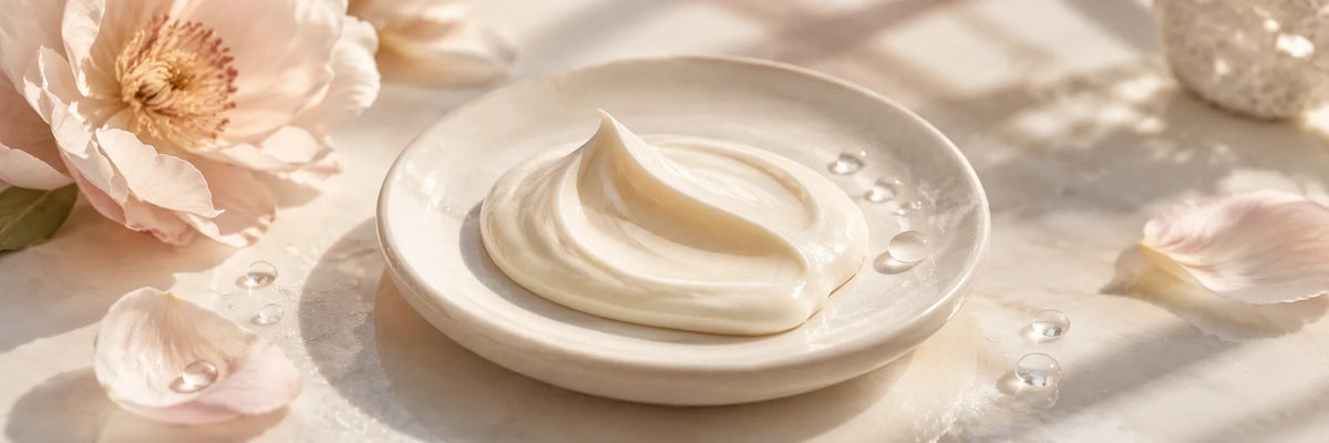 An ivory cream texture on white ceramic beside clear dew drops and warm sunlight shadows, luminous fresh daytime skincare still life, no bottles or SPF text.