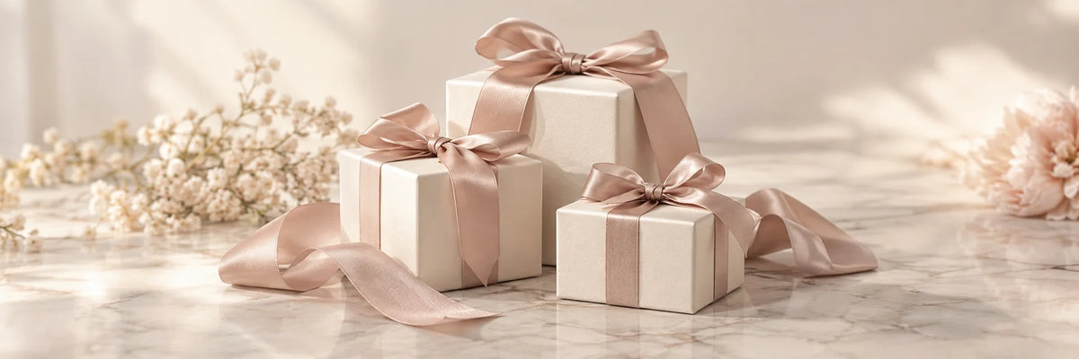 Three small ivory gift boxes grouped with a loosely draped blush satin ribbon, sophisticated beauty bundle still life, no printed packaging or visible contents.