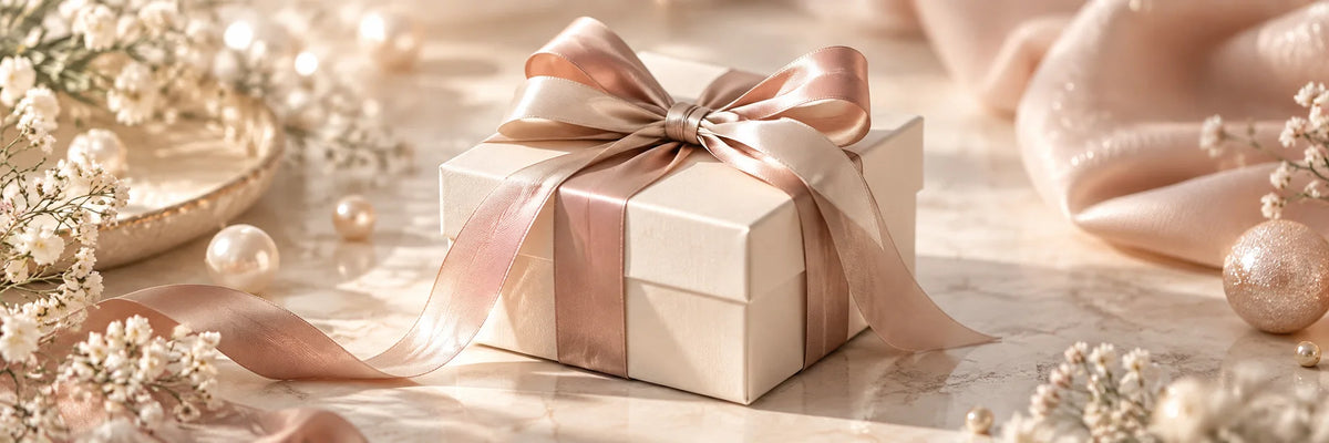 A beautiful small ivory gift box with a double blush satin ribbon and delicate pearlescent festive glints, elegant still life, no visible contents.