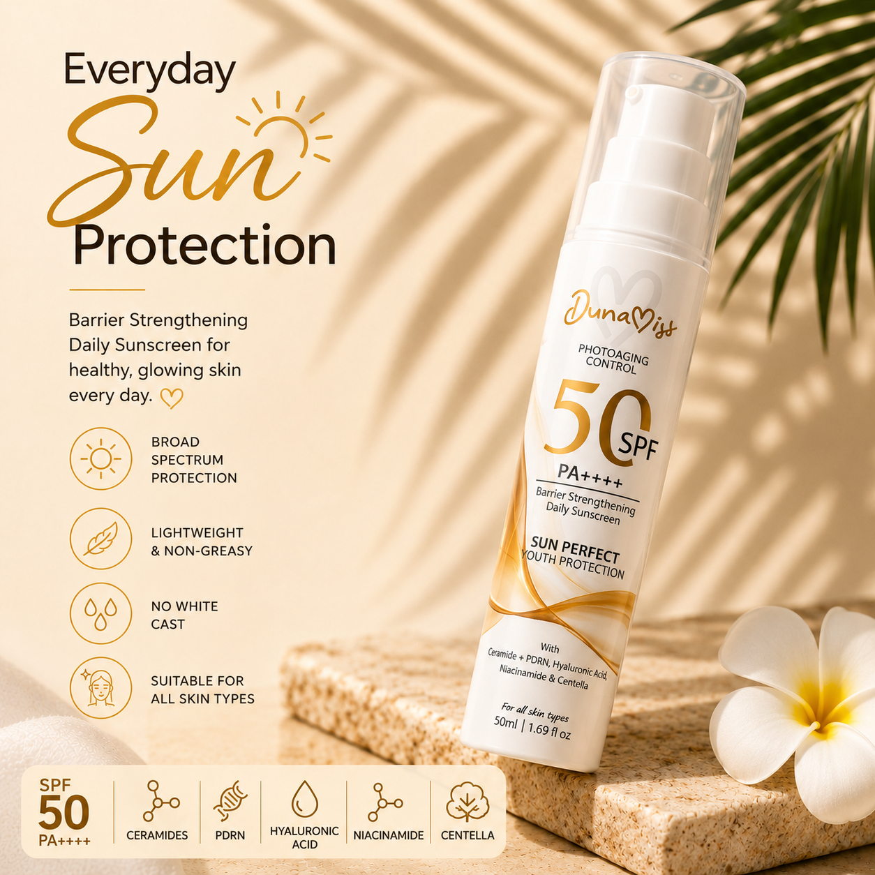 Dunamiss SPF 50 PA++++ Barrier Strengthening Daily Sunscreen | Ceramides, PDRN, Hyaluronic Acid, Niacinamide & Centella | Lightweight Broad Spectrum UV Protection | 50ml