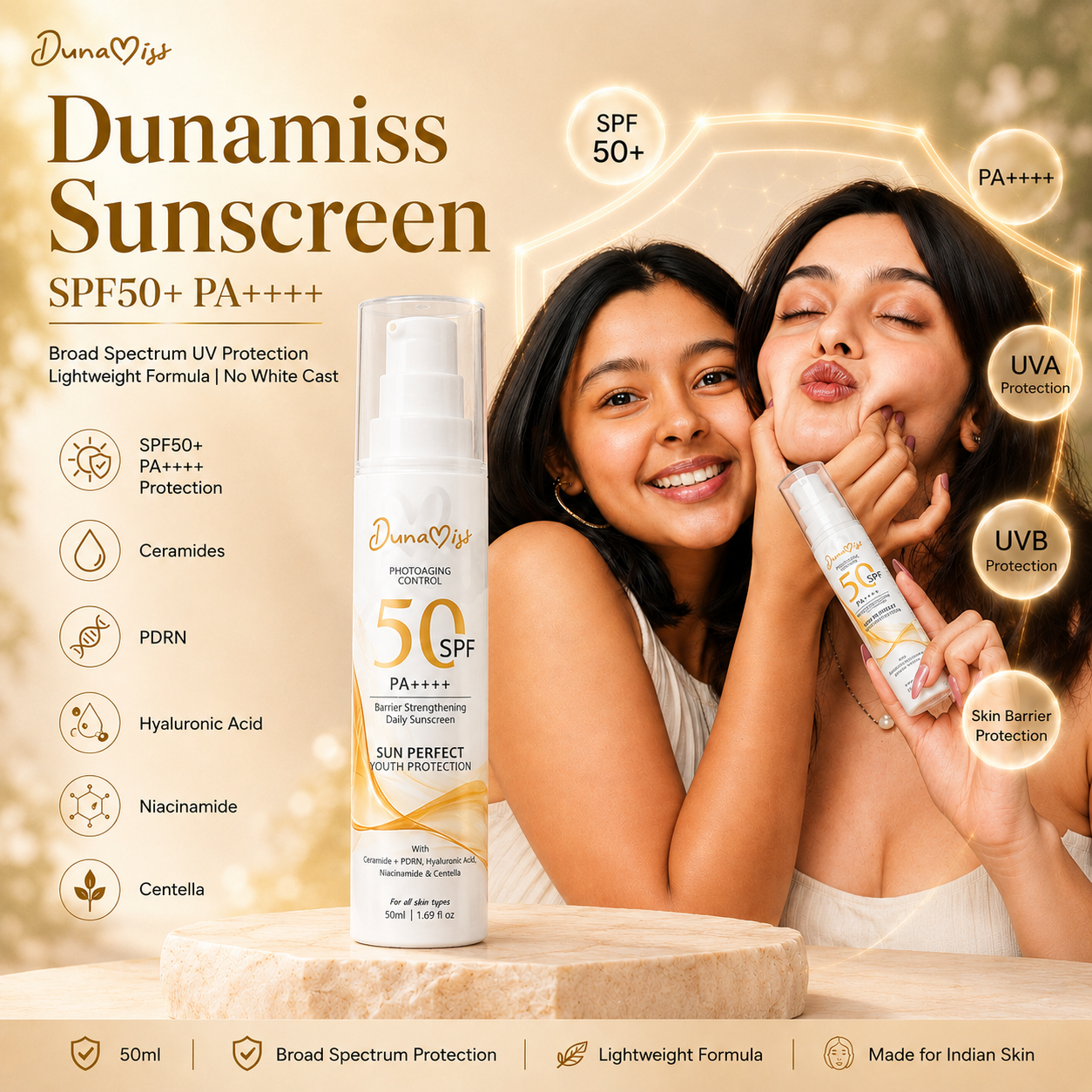 Dunamiss SPF 50 PA++++ Barrier Strengthening Daily Sunscreen | Ceramides, PDRN, Hyaluronic Acid, Niacinamide & Centella | Lightweight Broad Spectrum UV Protection | 50ml