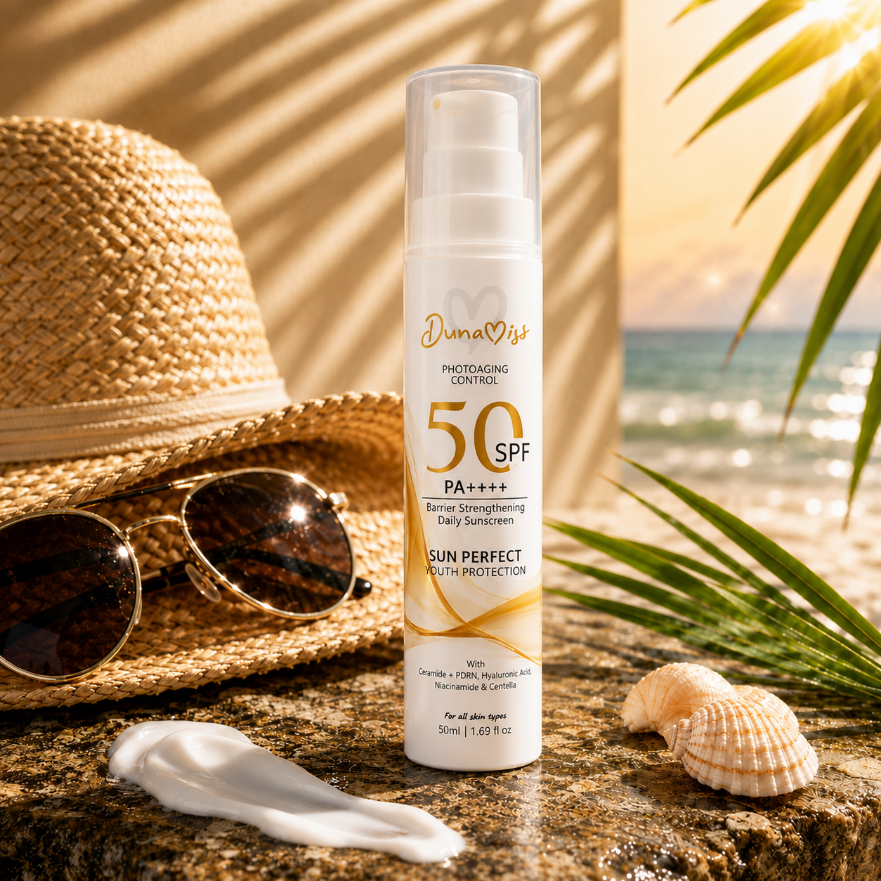 Dunamiss SPF 50 PA++++ Barrier Strengthening Daily Sunscreen | Ceramides, PDRN, Hyaluronic Acid, Niacinamide & Centella | Lightweight Broad Spectrum UV Protection | 50ml